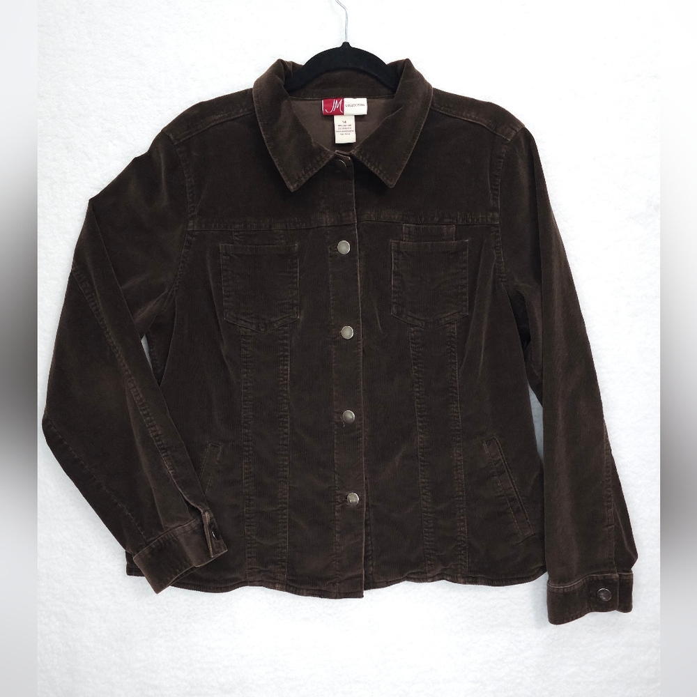 JM Collection Corduroy Jacket Button Front Brown Pockets Womens Size 14 Medium